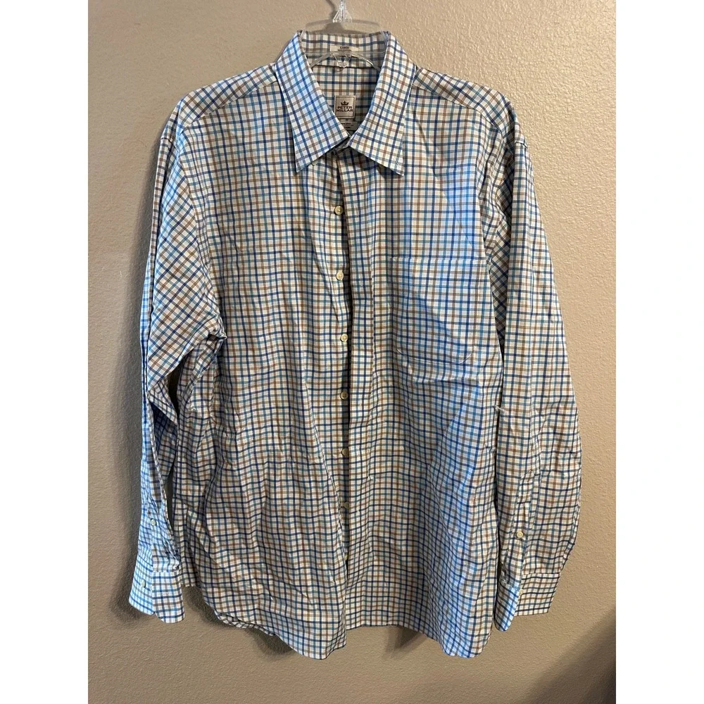 peter millar nanoluxe dress shirt Peter Millar Nanoluxe Dress Shirt Men L Plaid Check Easy Care Cotton Long Sleeve